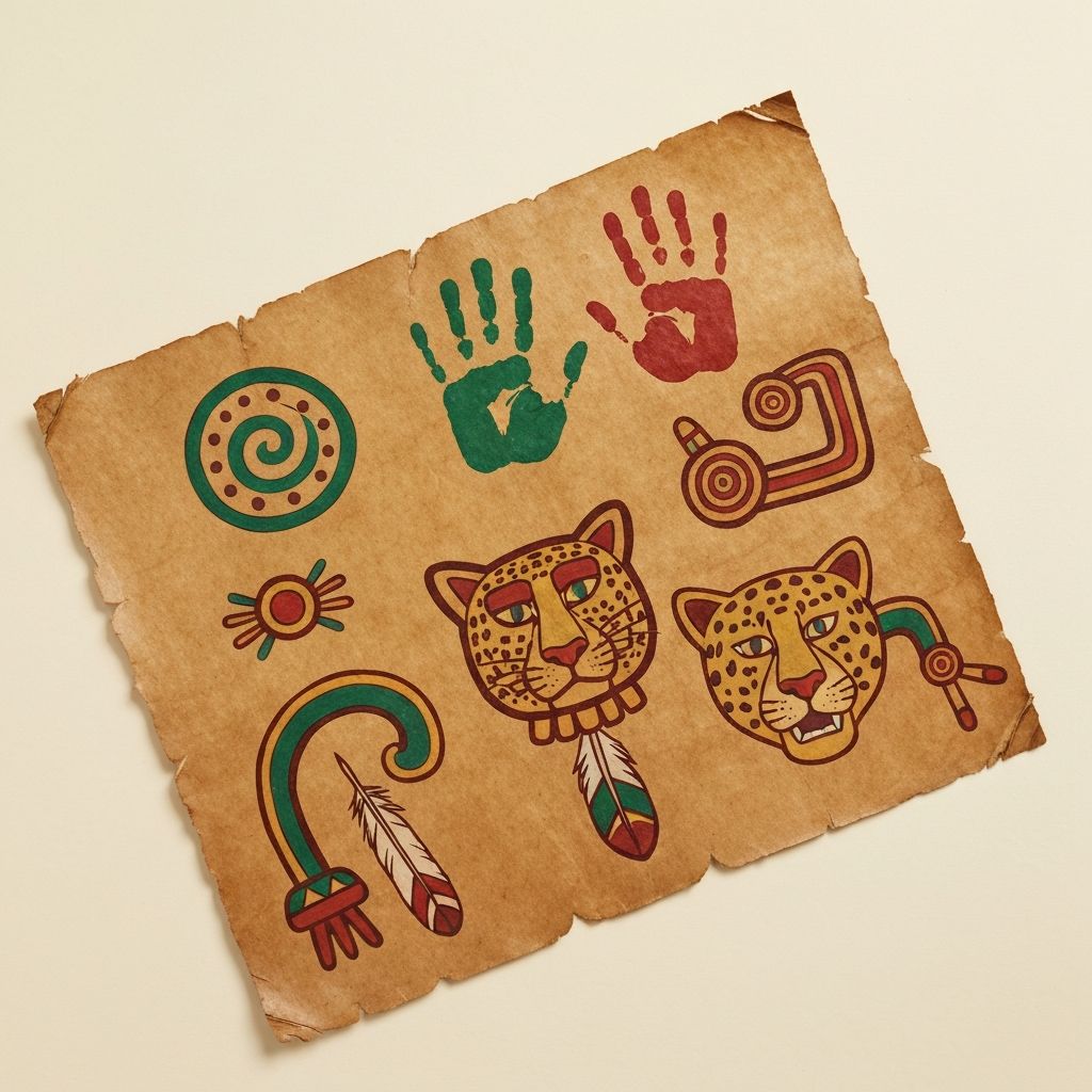 Papel amate con s&iacute;mbolos pintados en colores vivos sobre fondo crema