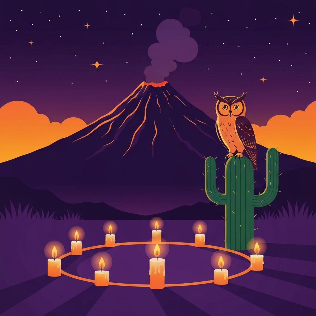 Paisaje nocturno con búho sobre nopal y velas en círculo