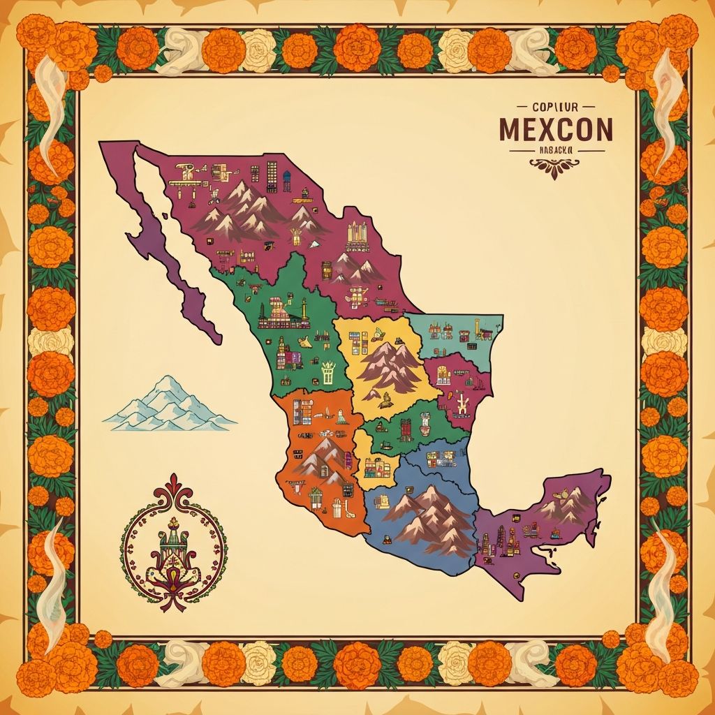 Mapa ilustrado de México con bordes de flores de cempasúchil y símbolos folclóricos