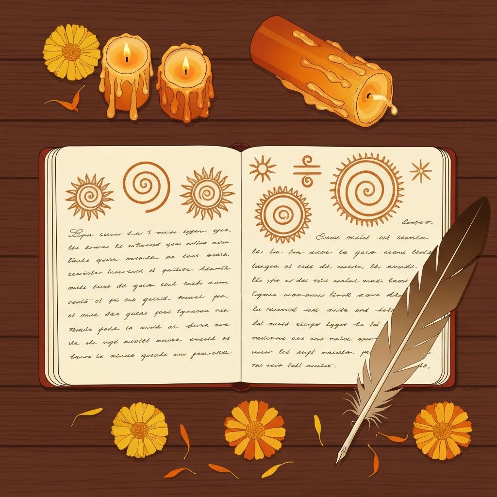 Cuaderno artesanal con flores prensadas, candelabros de barro y dibujos simólicos