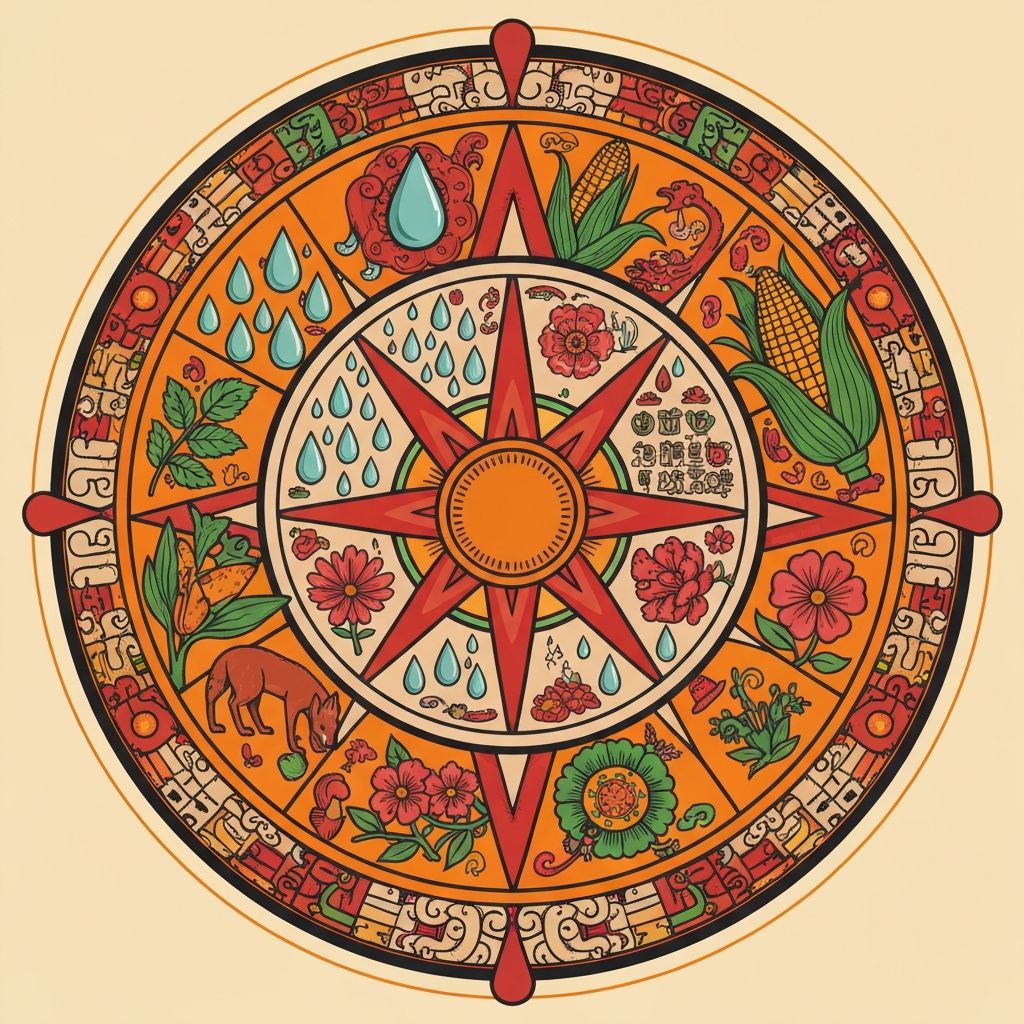 Rueda de calendario inspirada en el arte prehispánico con símbolos estacionales
